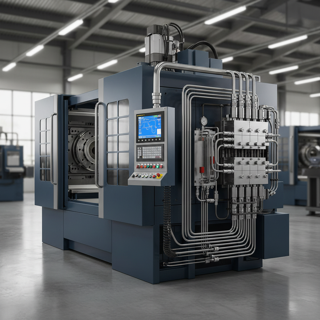 Injection mold machine operating on factory floor with orange molten plastic