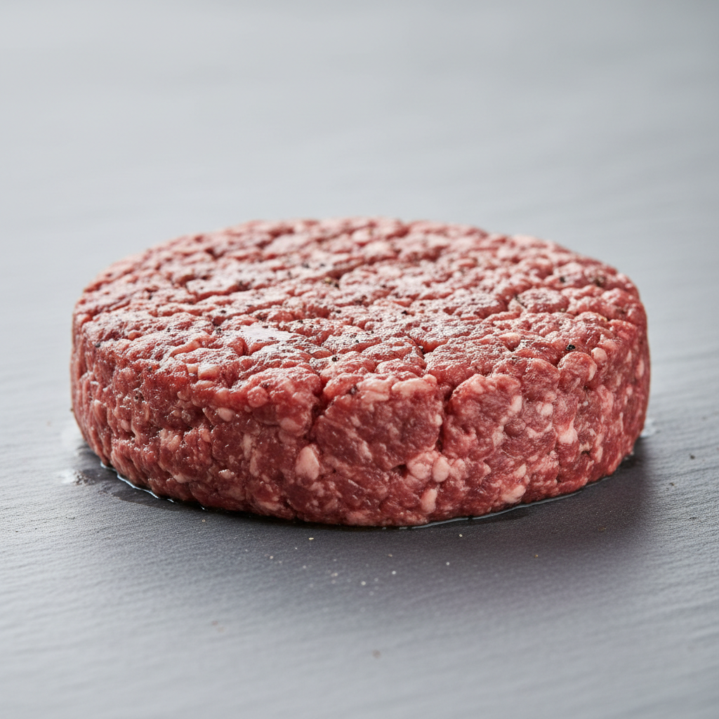 Thick beef burger patty on wooden board, seared crust, juicy interior, warm kitchen light