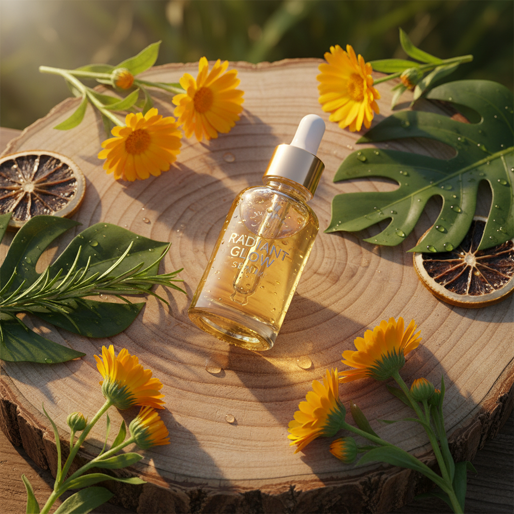 Lifestyle shot of serum on bathroom shelf with morning light, fresh botanicals in background