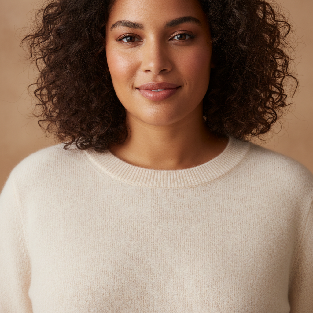 Woman in luxurious cashmere crew knit, plus-size, soft editorial light