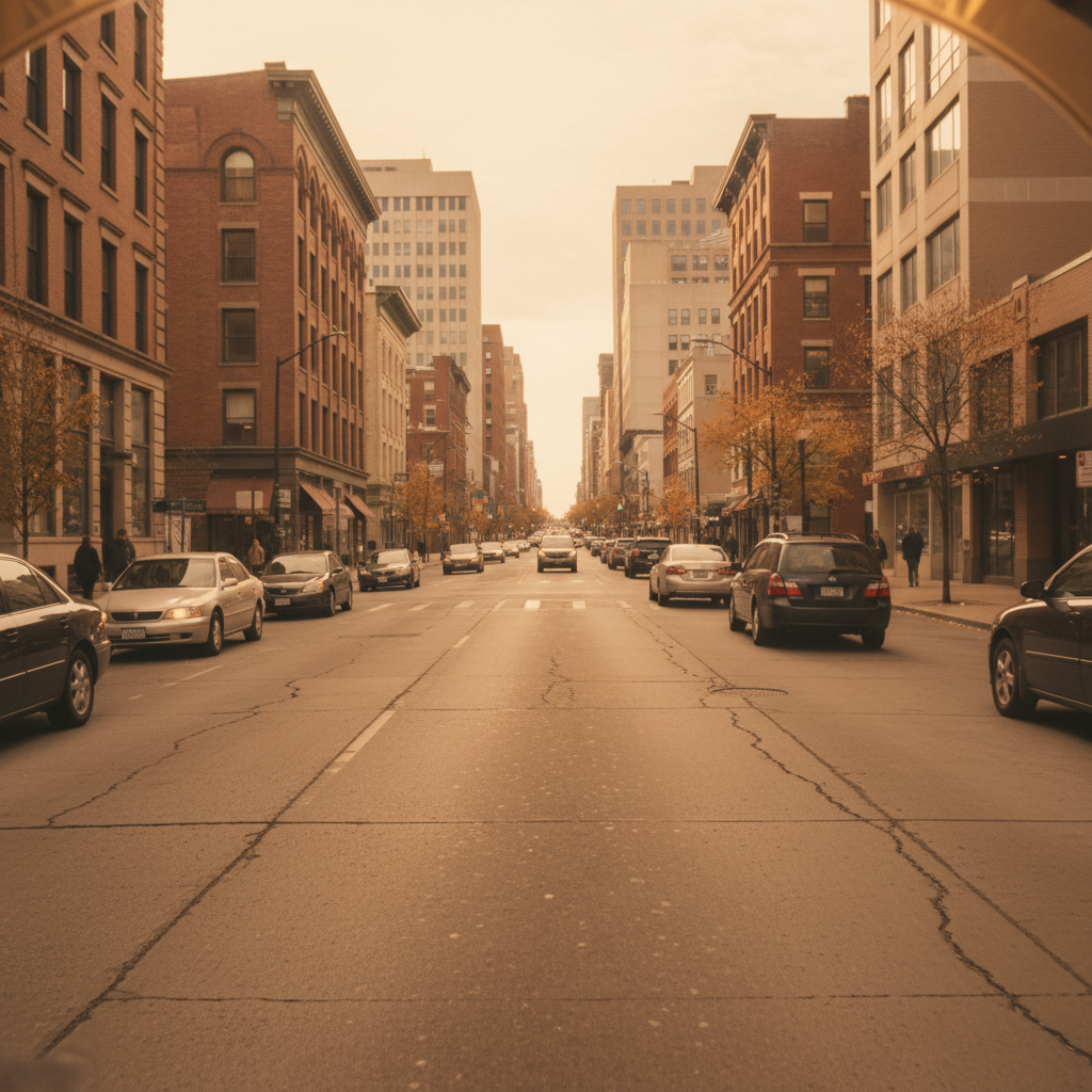 Street scene viewed through 35% VLT tint — mild amber warmth, clear visibility of road and buildings ahead
