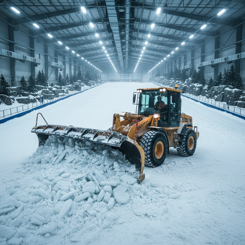 Industrial plow clearing compacted ice on an indoor ski slope under fluorescent lighting at night