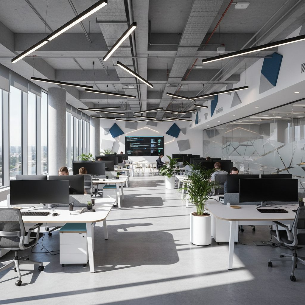 Modern glazed office partition installed in existing workspace, bright glass walls separating quiet office from open area