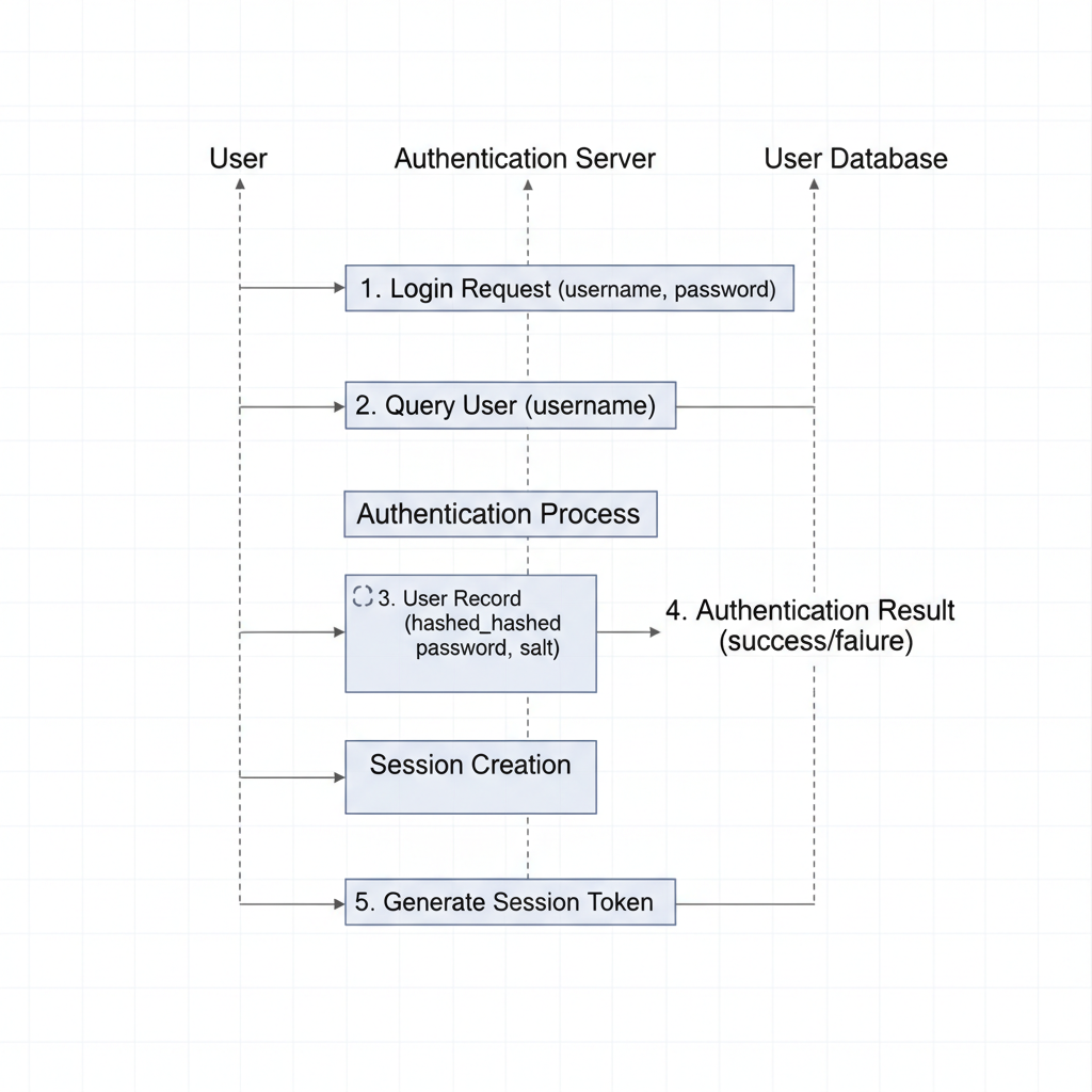 Authentication flow diagram showing user login, OAuth and database connection on dark interface