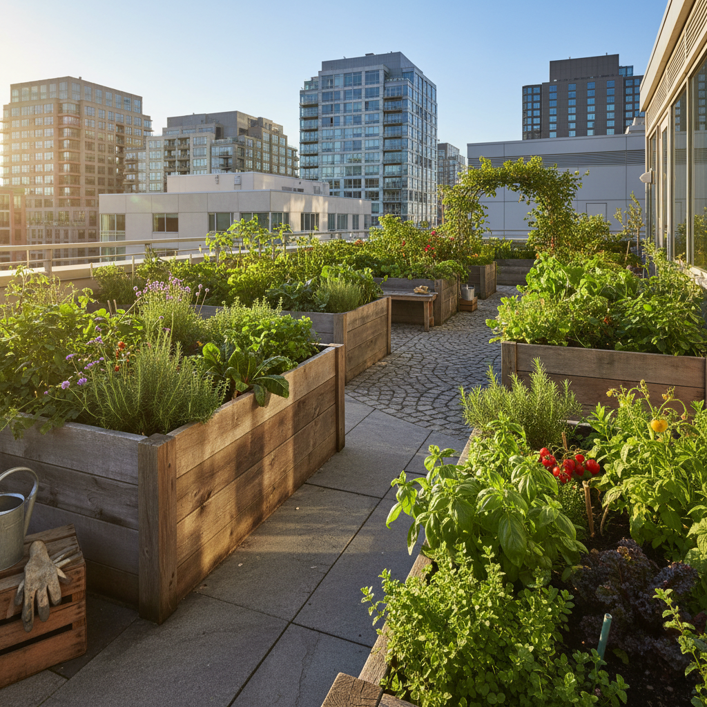 Sleek cedar raised bed planter on sunlit rooftop with urban skyline background