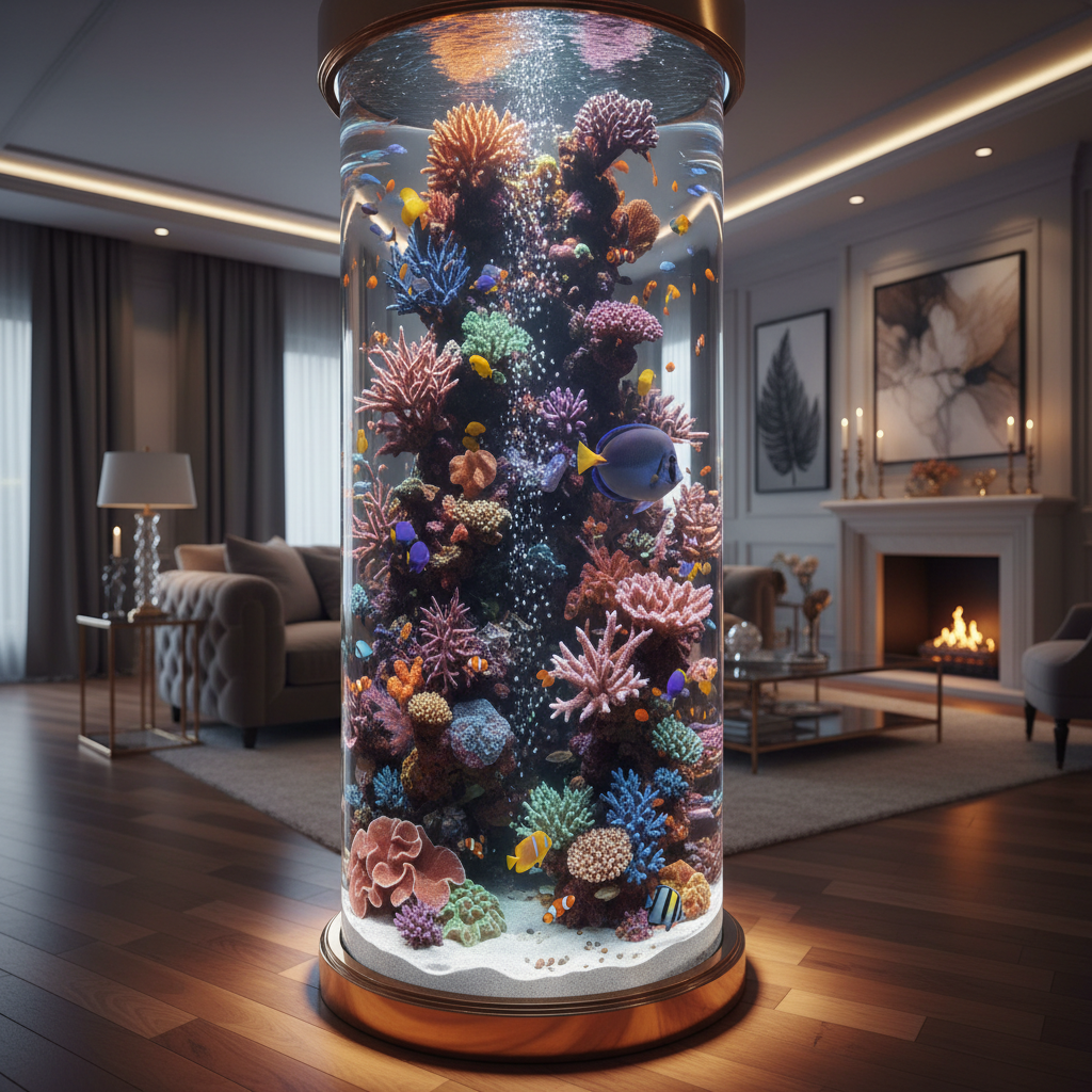Stunning coral reef aquarium column in an upscale restaurant interior with warm ambient lighting