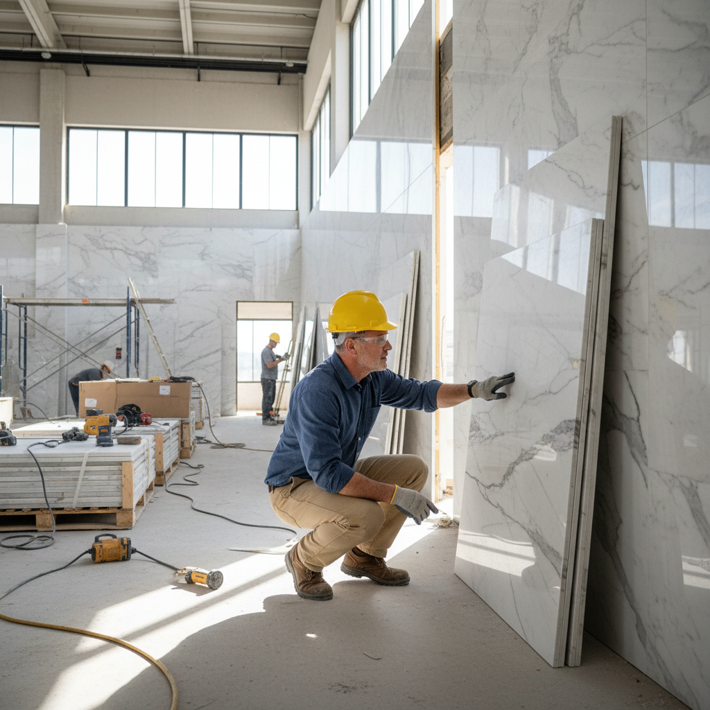 Darnell Kapoor, general contractor reviewing stone installation on commercial project