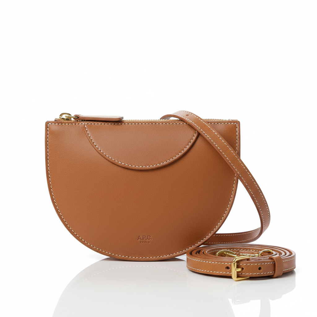 Trendy mini crossbody bag in tan leather on light background