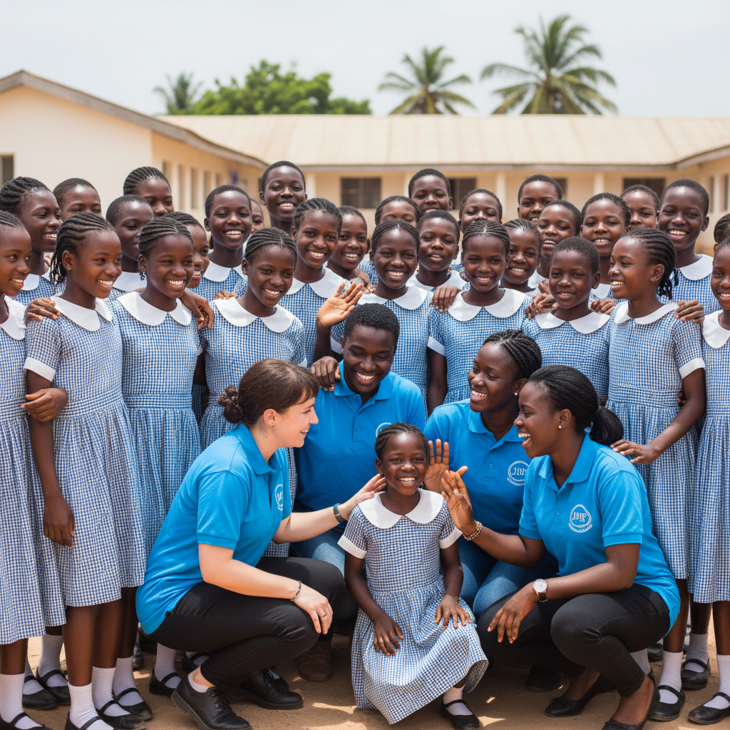 Nigerian schoolgirls in uniforms smiling with JJHF volunteers in branded polo shirts