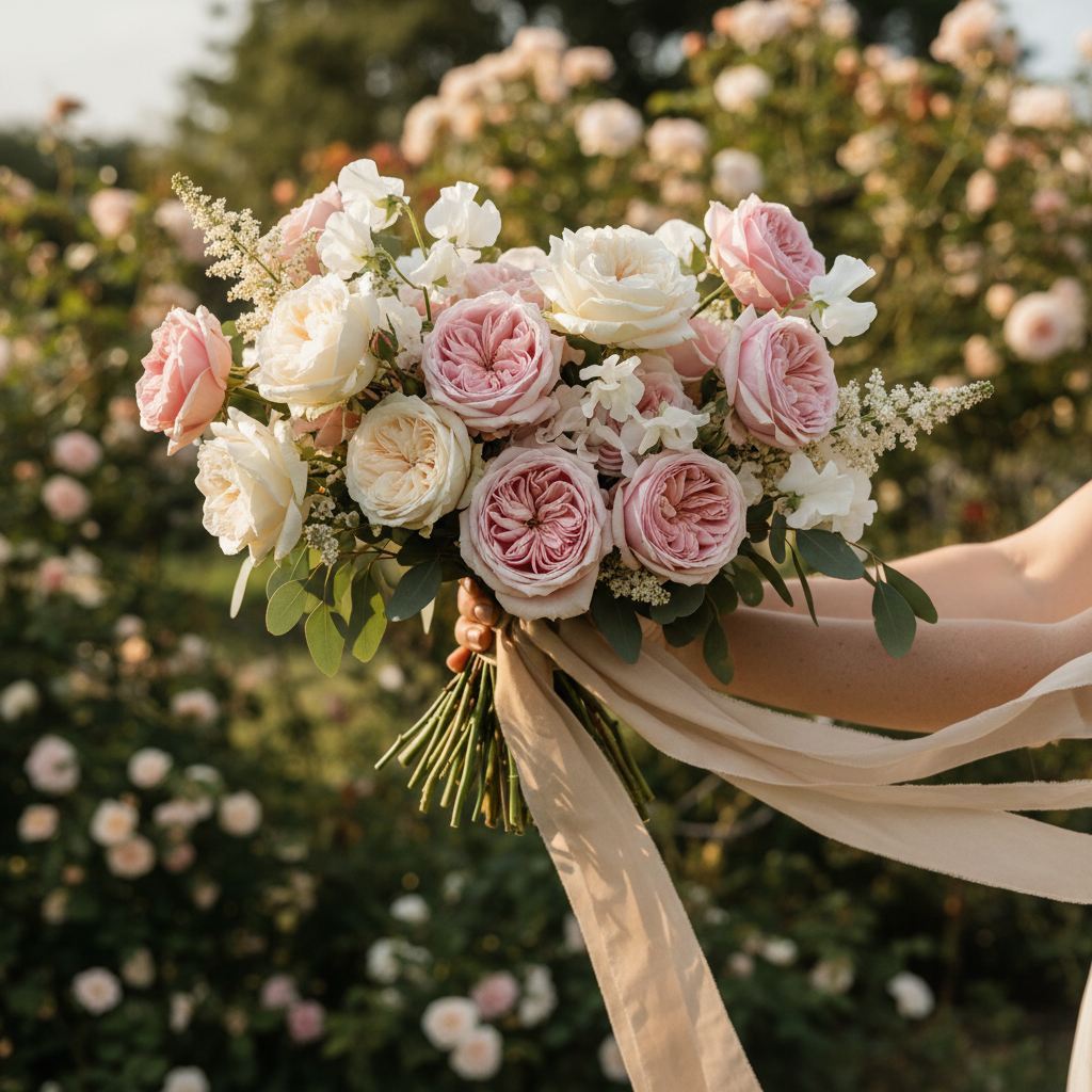 Blush hydrangeas and garden roses in a lush luxury arrangement