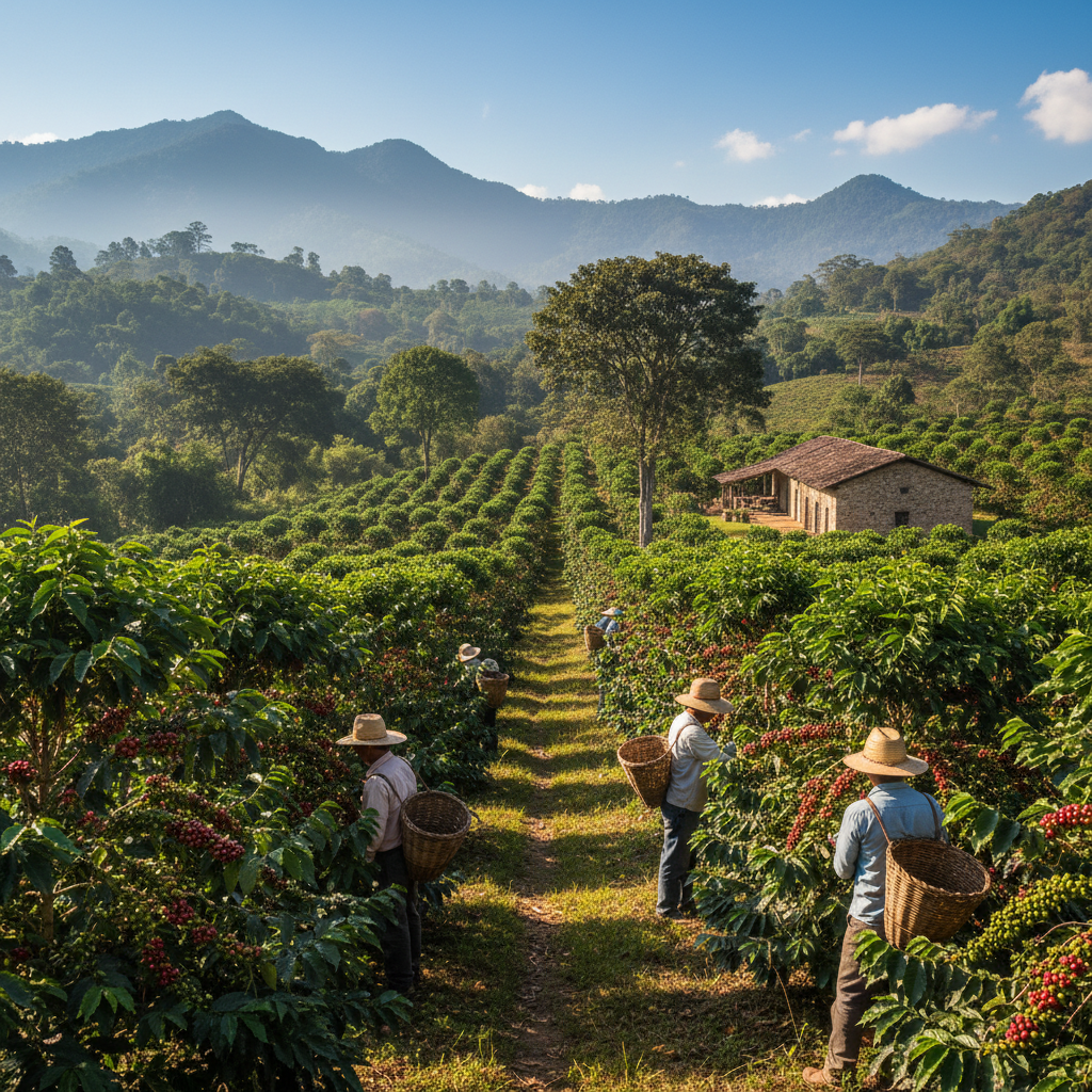Colombian coffee farm worker harvesting red cherries on steep hillside, bright green canopy, natural light