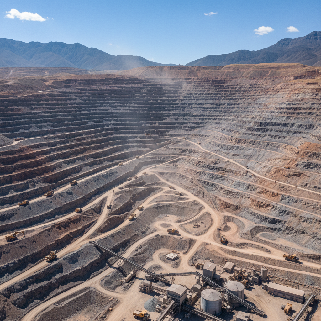 Aerial view of open-pit gold mining operation in Uganda with terraced excavation levels and mining equipment