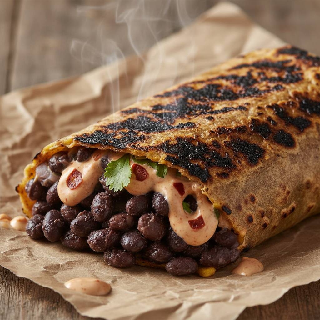 Charred corn wrap with black beans and chipotle crema on brown paper wrap
