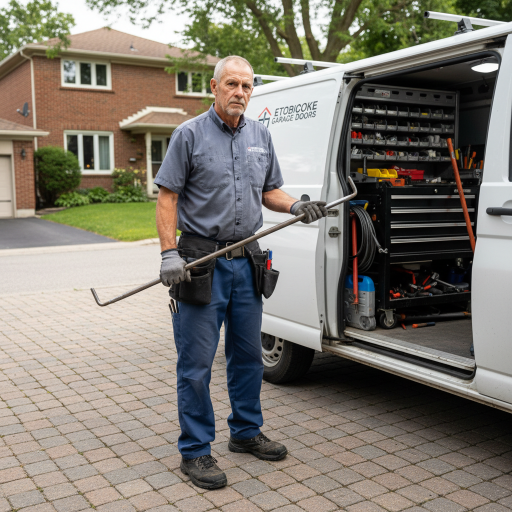 Dave Kowalski, Gate senior technician, standing beside an open service van in an Etobicoke driveway, holding a torsion spring rod