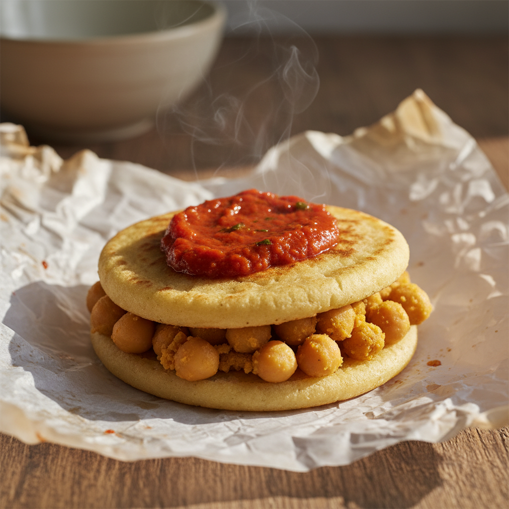 Doubles wrapped in wax paper with chickpea filling and pepper sauce