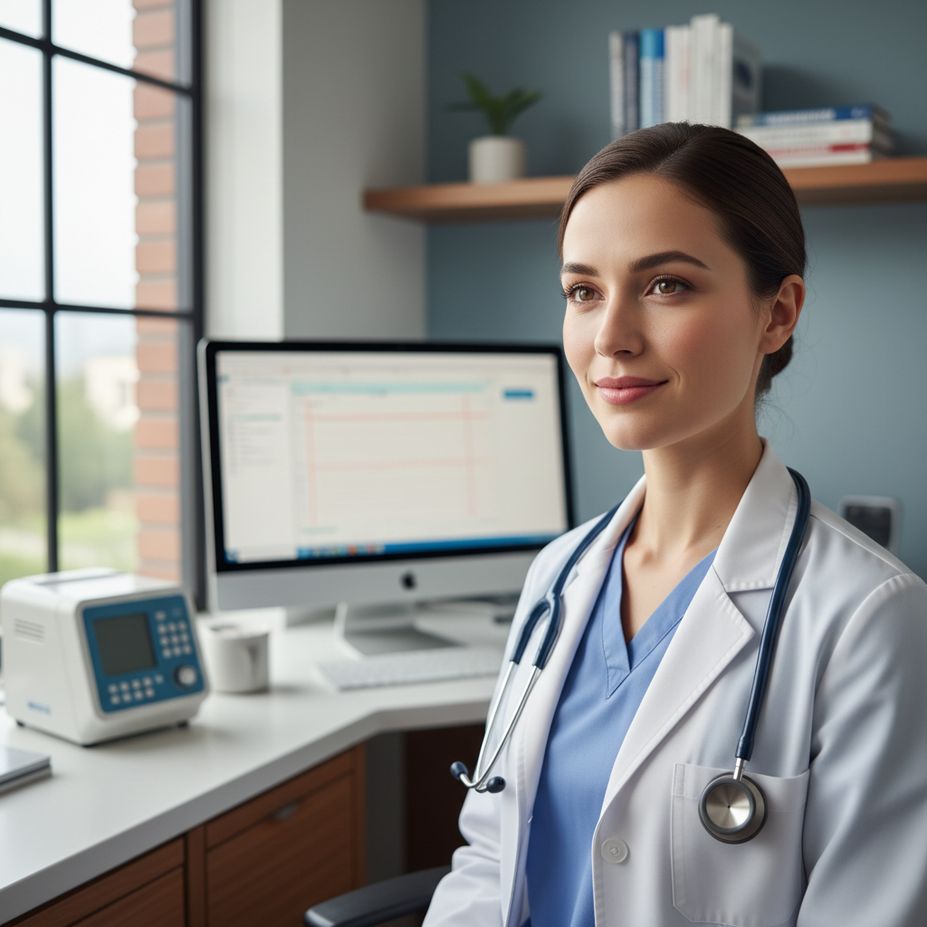 Professional portrait of female nurse practitioner in healthcare setting with warm lighting