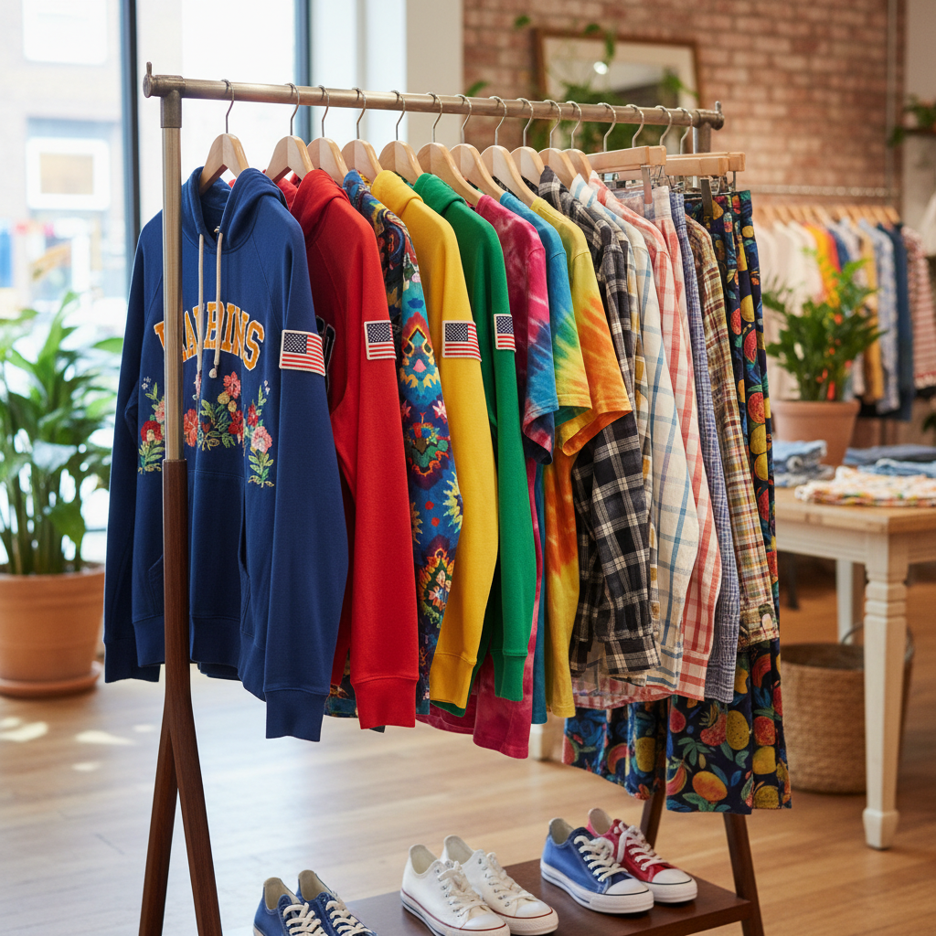 Colourful clothing rack in a boutique store