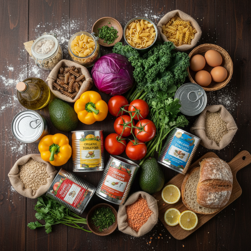 Ship galley with stacked food provisions crates and fresh produce in dim warehouse lighting, steel shelving, dark industrial setting