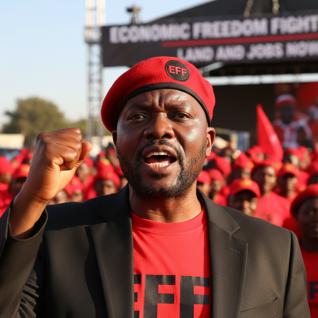 Julius Malema speaking at a political rally, EFF red beret, passionate expression