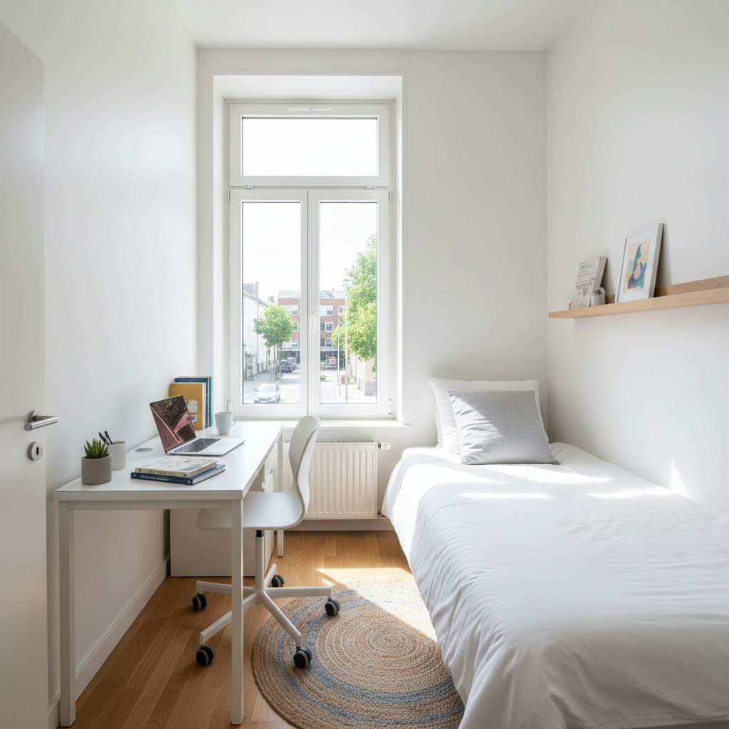 Neat furnished single bedroom with a bed, desk and wardrobe in a student house