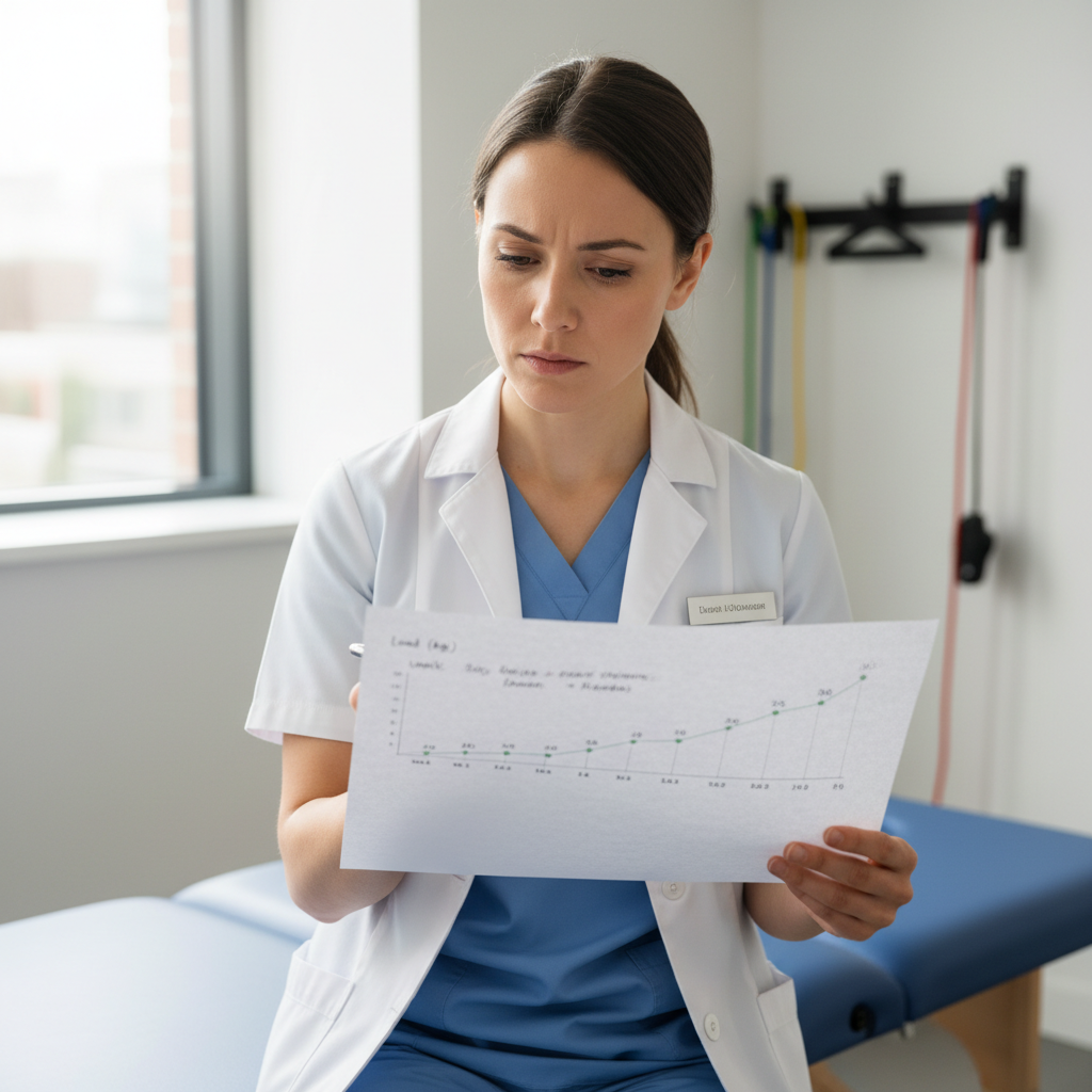 Physiotherapist reviewing a patient progress chart showing gradual load increases over several weeks