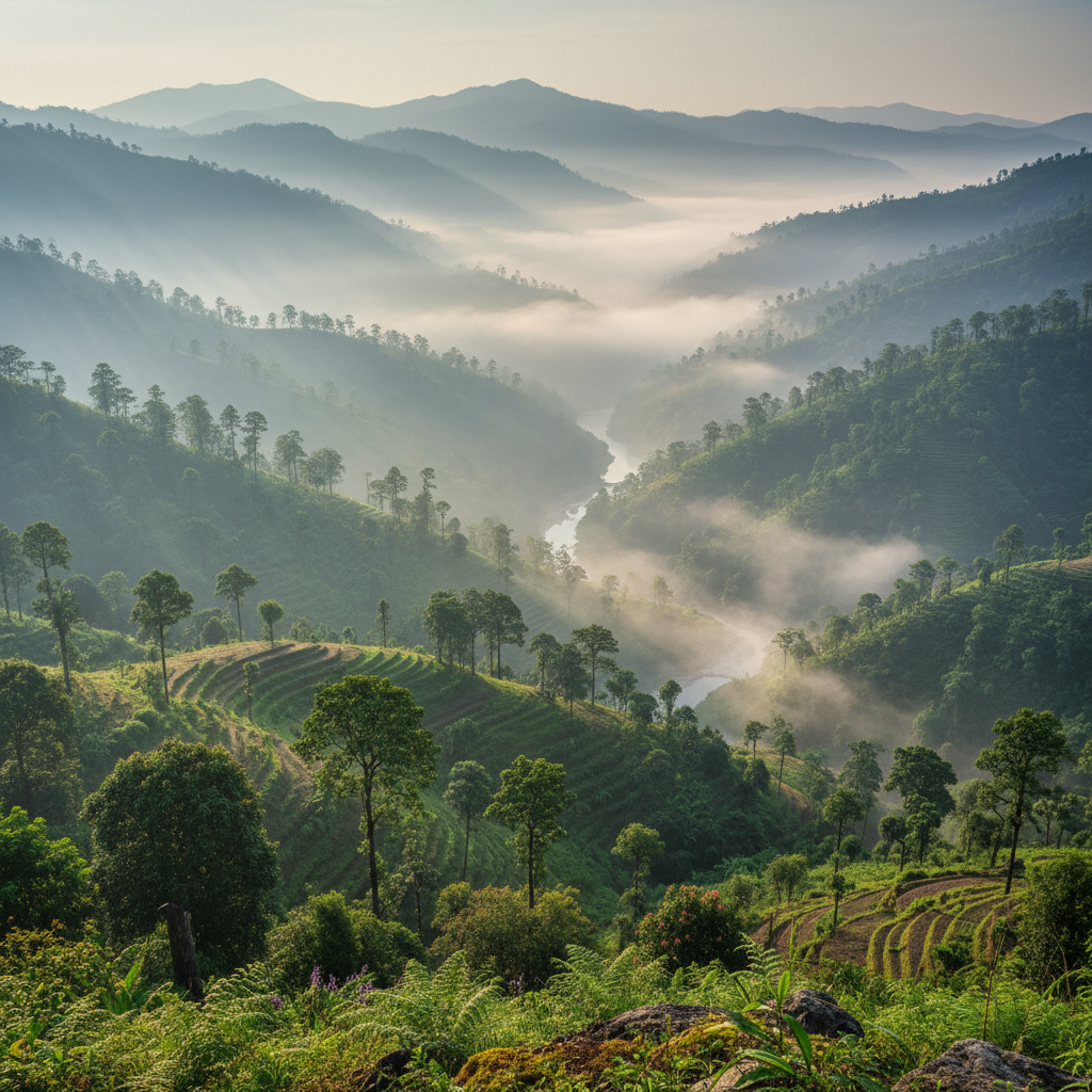 Misty green hills of Northeast India with traditional tribal village and bamboo structures in morning fog