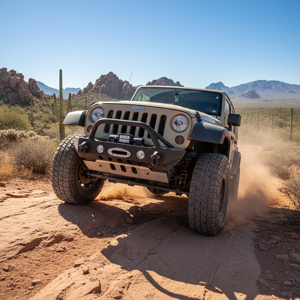 Jeep Wrangler JK Unlimited with skid plates and tube bumper on Arizona desert rock crawling trail