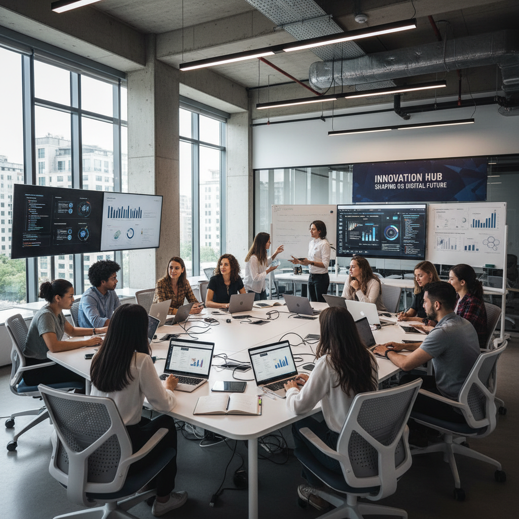 Diverse group of international students collaborating around laptop in modern university library with natural lighting