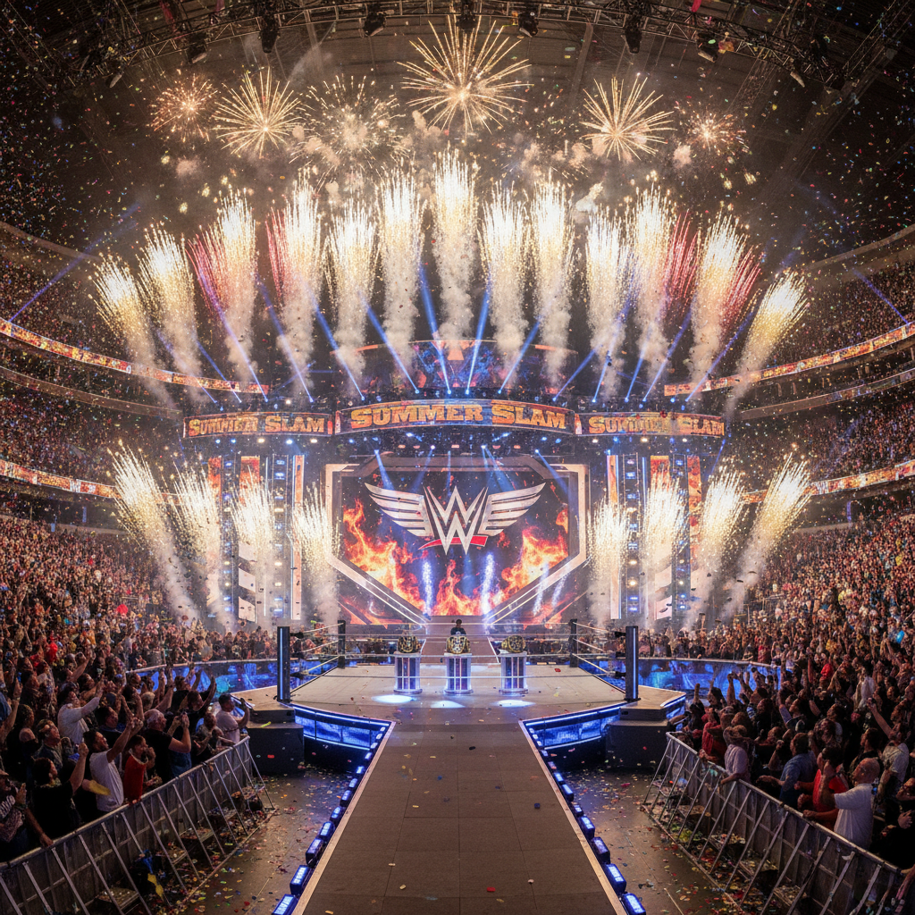 Evento premium con iluminación espectacular, audiencia y escenario de producción profesional