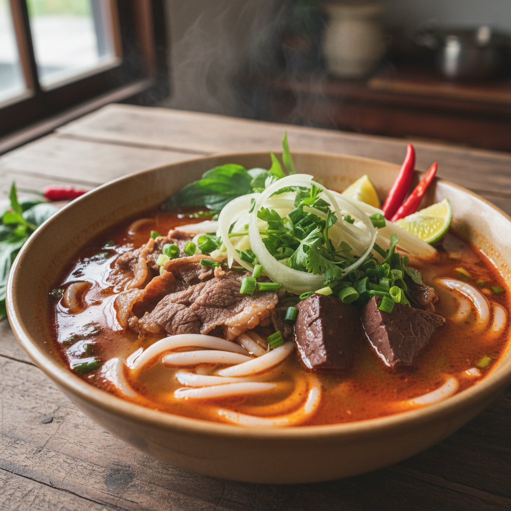 Deep red bún bò Huế broth in a ceramic bowl with thick rice noodles, beef slices, and fresh herbs on a wooden surface