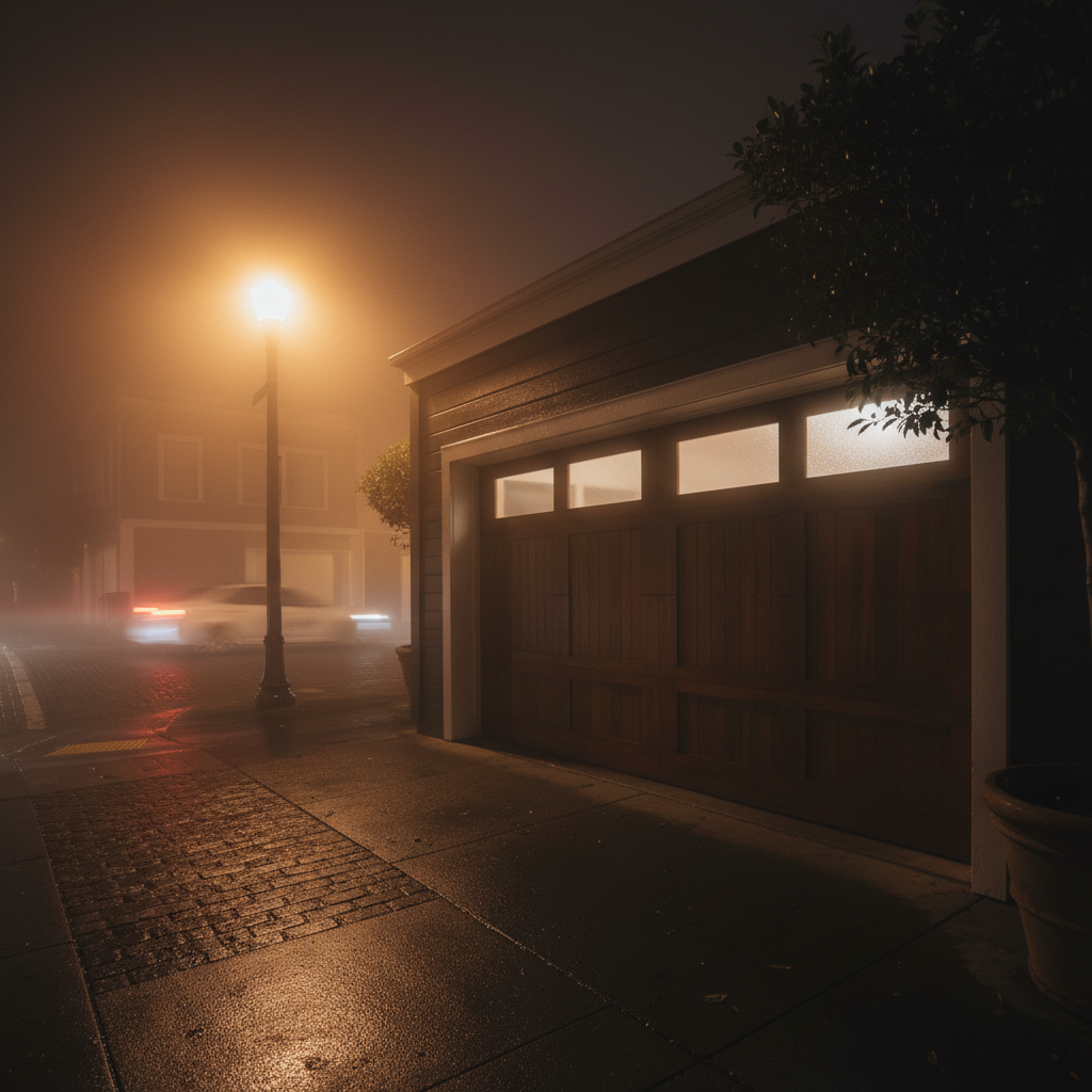 Foggy San Francisco residential garage door at night with street lamp glow on wet pavement