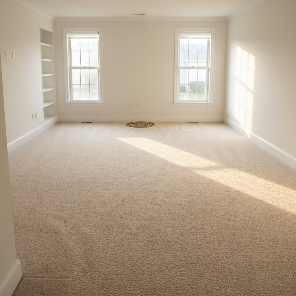 Freshly fitted carpet in a bright rental living room with afternoon light, ready for new tenants