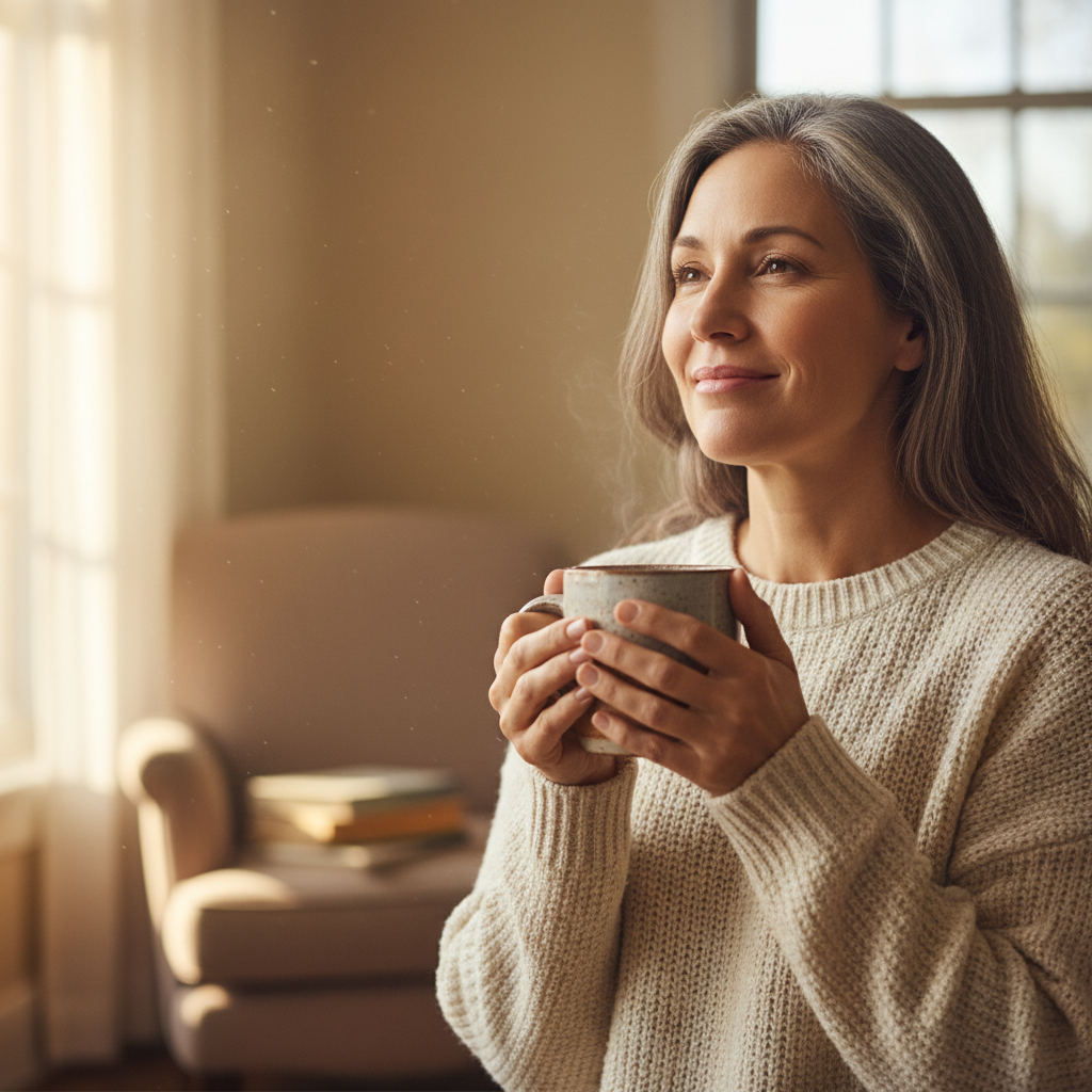 Family caregiver looking relieved, holding coffee cup, natural morning light