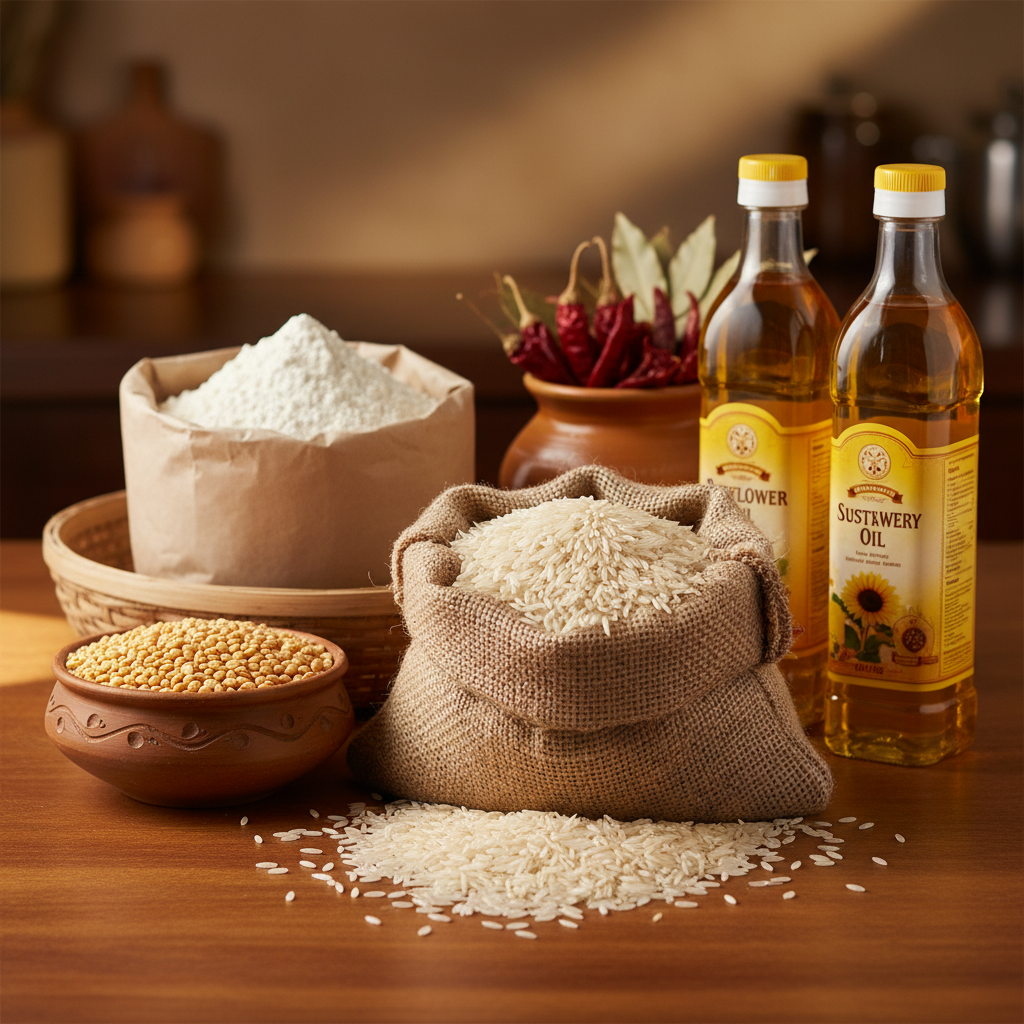Monthly grocery staples including rice dal atta and oil arranged on warm wooden surface
