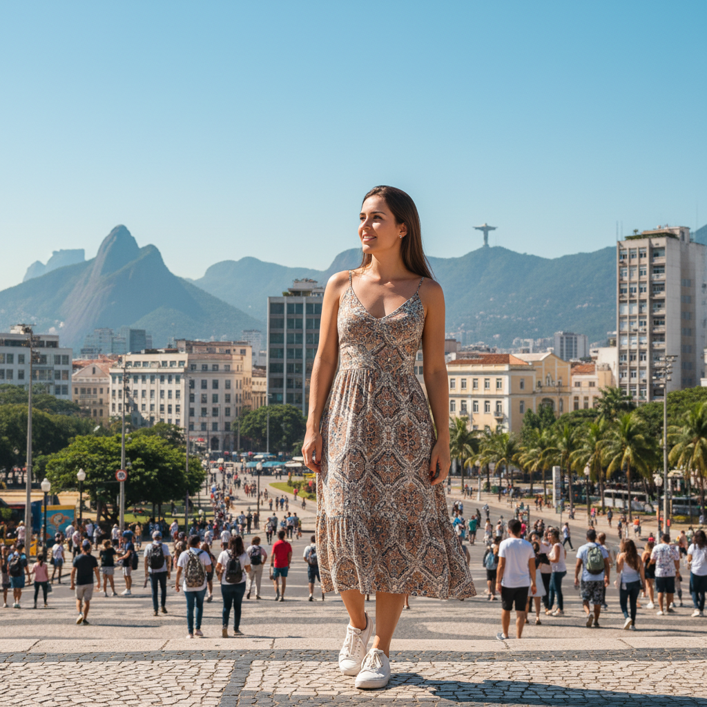 Young woman in bright summer dress on sunny street, warm golden light, airy and vibrant