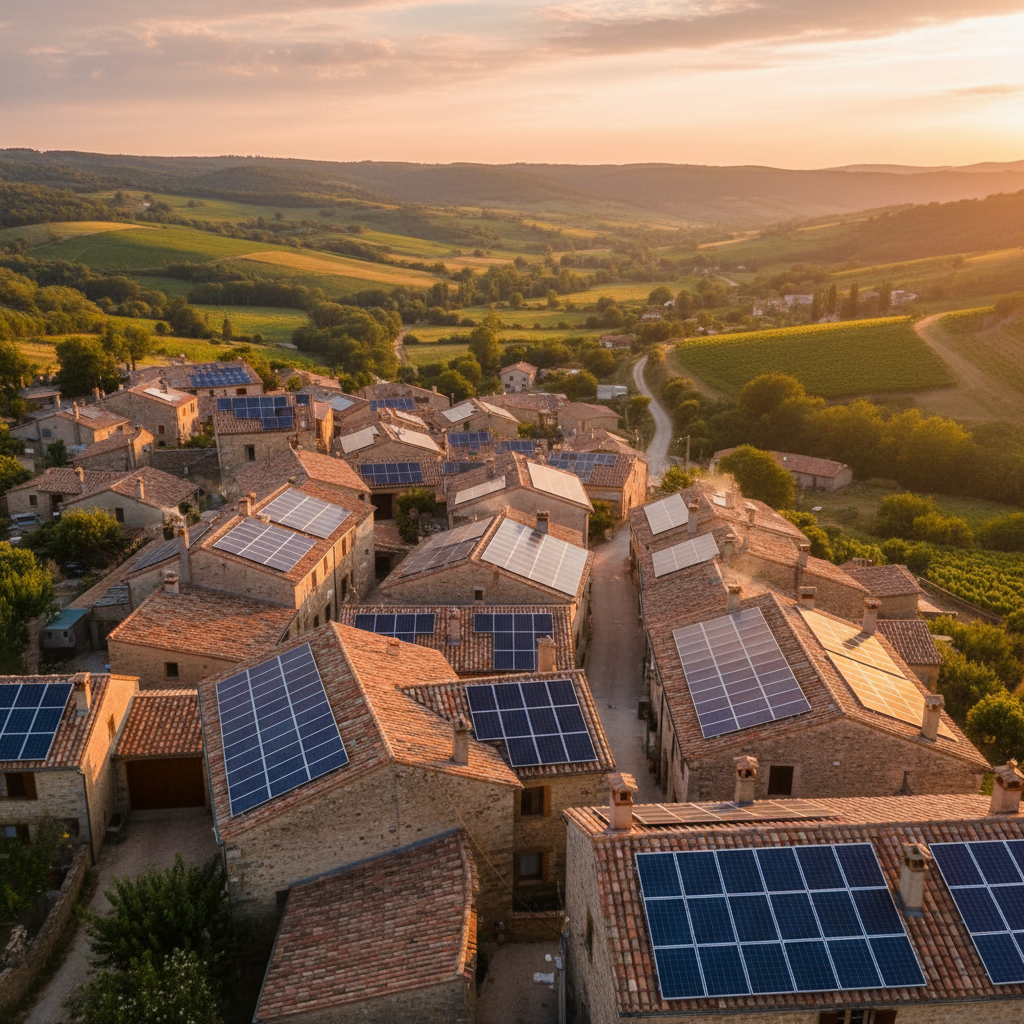 Solar panels installed on rooftops of an off-grid village in East Africa