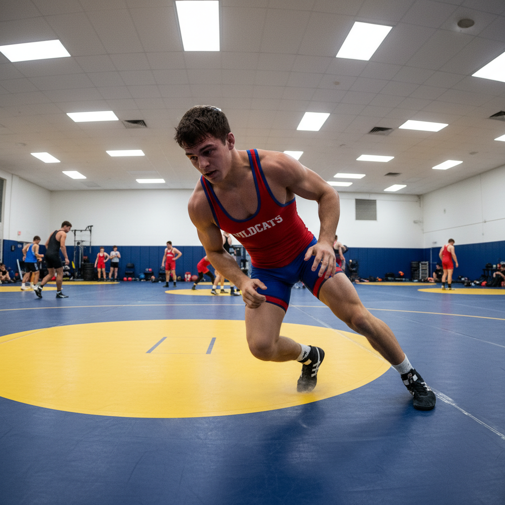 College wrestler in practice singlet drilling double-leg in academy mat room