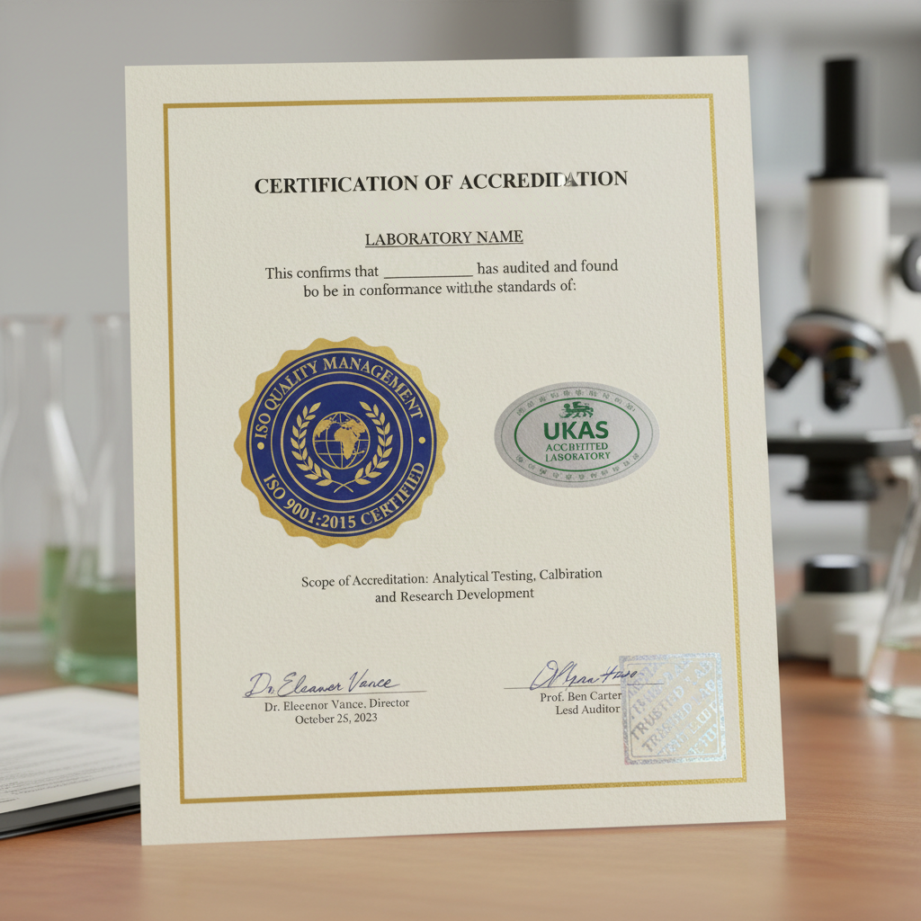 Laboratory certification document with ISO quality management seal