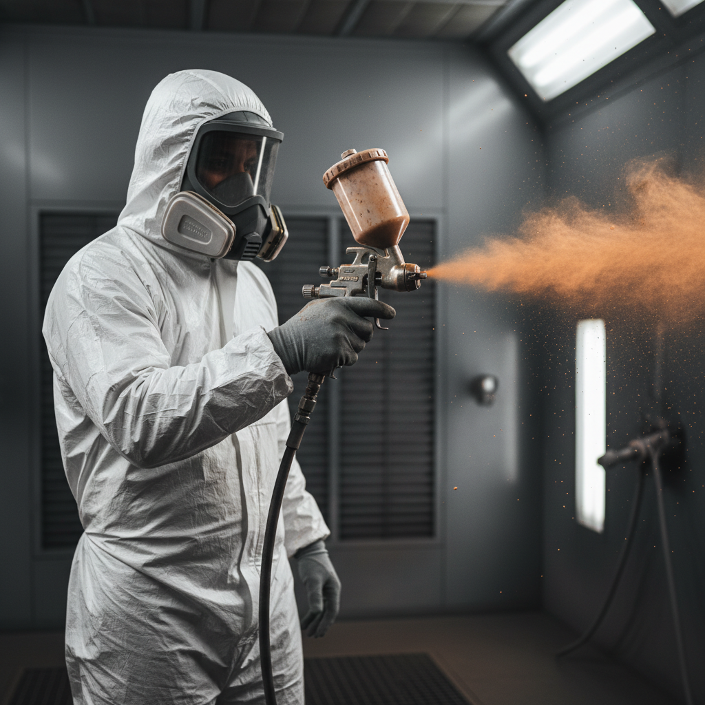 Automotive painter in full protective gear holding spray gun mid-trigger, amber-orange metallic mist frozen in air against charcoal spray booth backdrop