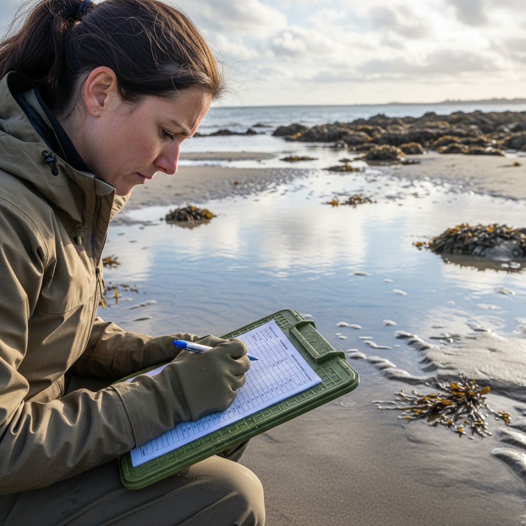 Researcher recording data on a waterproof clipboard at the water's edge during low tide survey