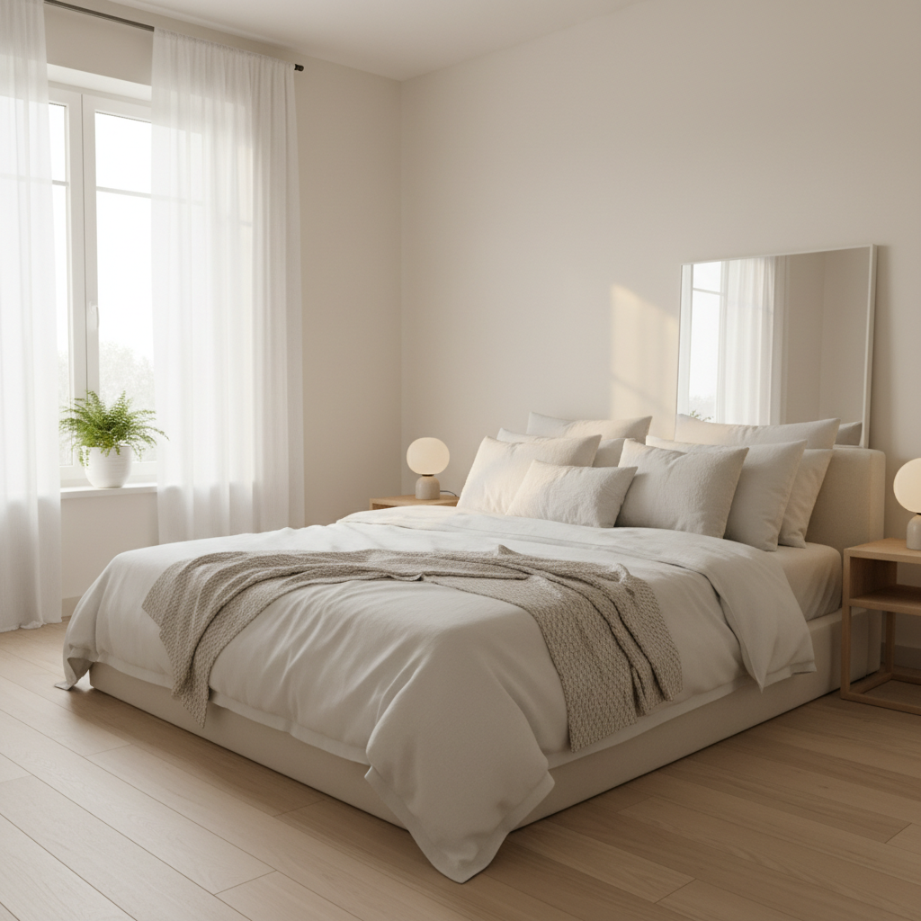 Chambre calme et sombre avec lumière douce de nuit, atmosphère apaisante