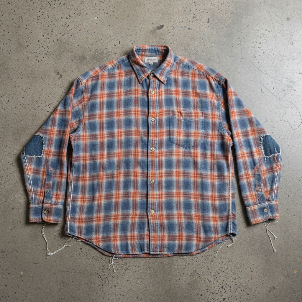 Faded oversized flannel shirt laid flat on concrete floor showing authentic wear patterns