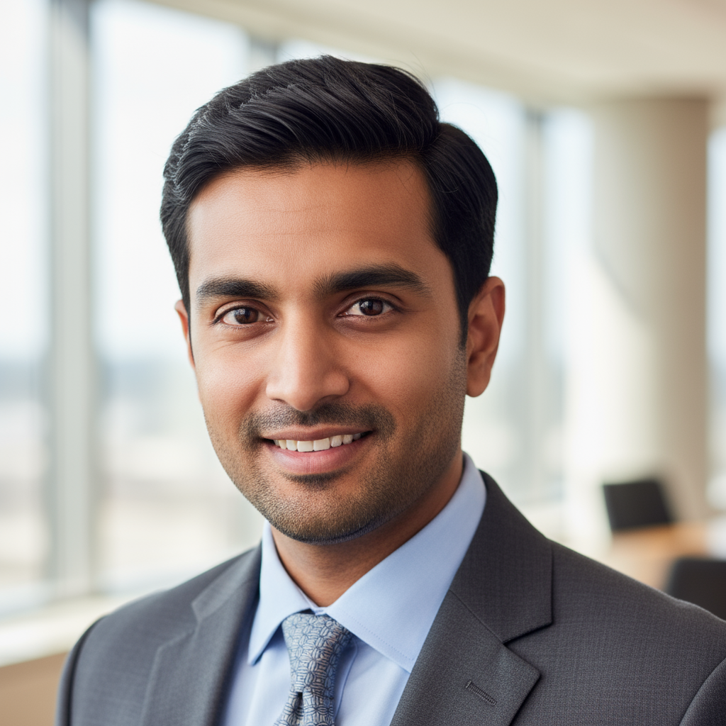Professional portrait of Rohan Kapoor, confident Indian male designer in casual smart attire