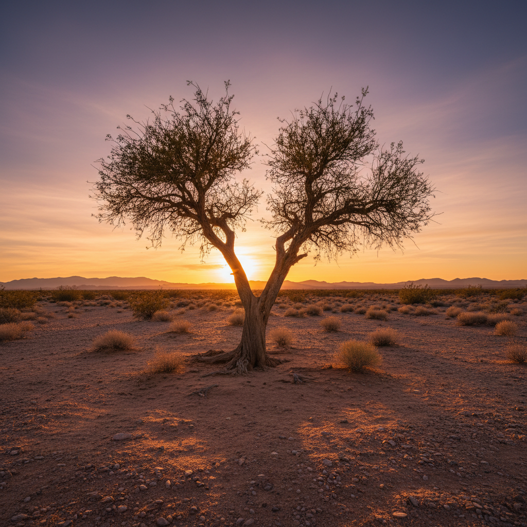 Single mesquite tree standing alone in vast open desert landscape at dusk