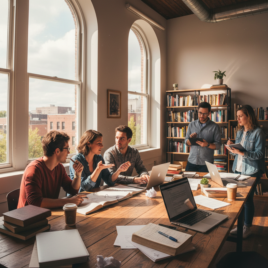 Professional publishing team collaborating around large wooden conference table, warm office with bookshelves lining the walls, afternoon light