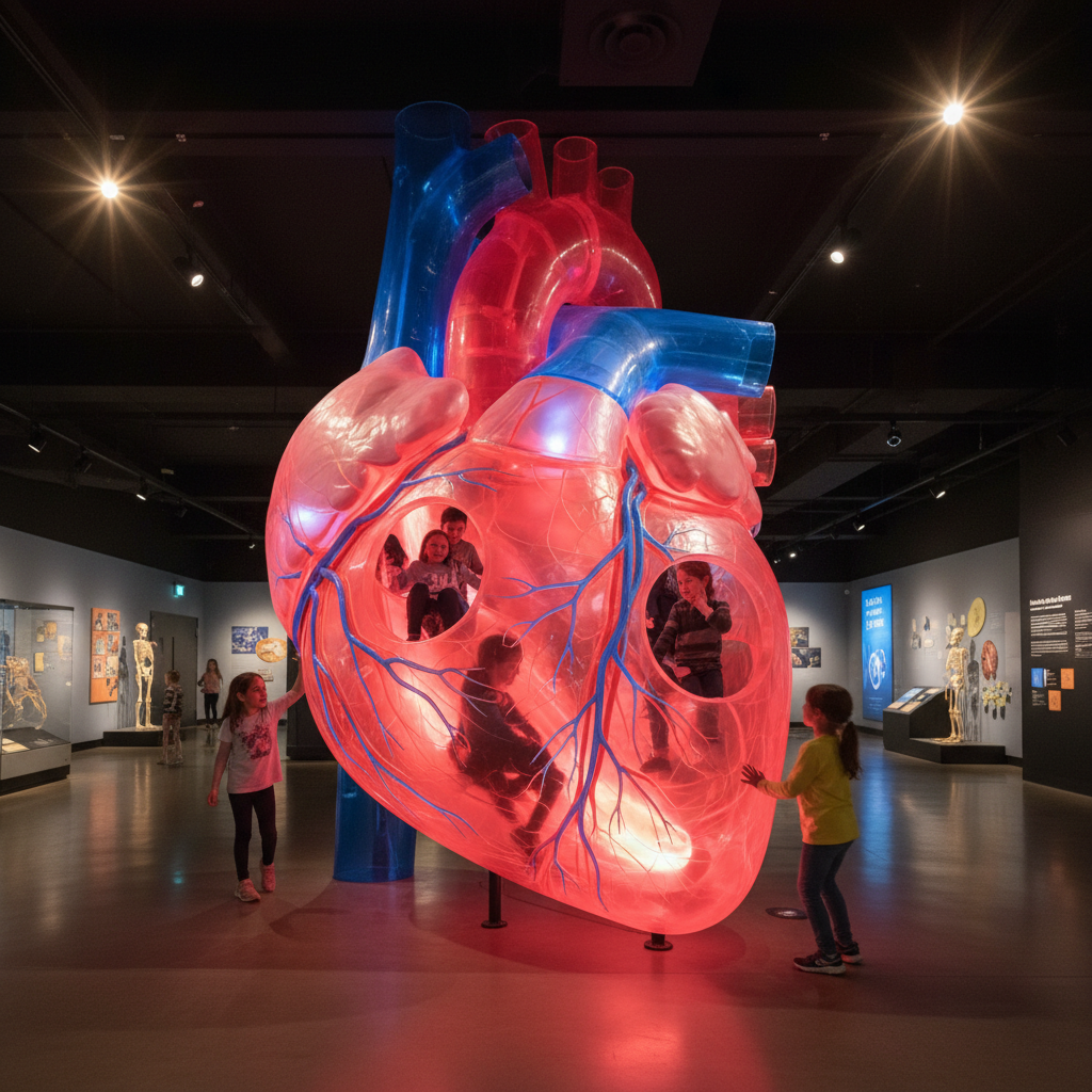 Large anatomical heart model exhibit with glowing red chambers children can explore