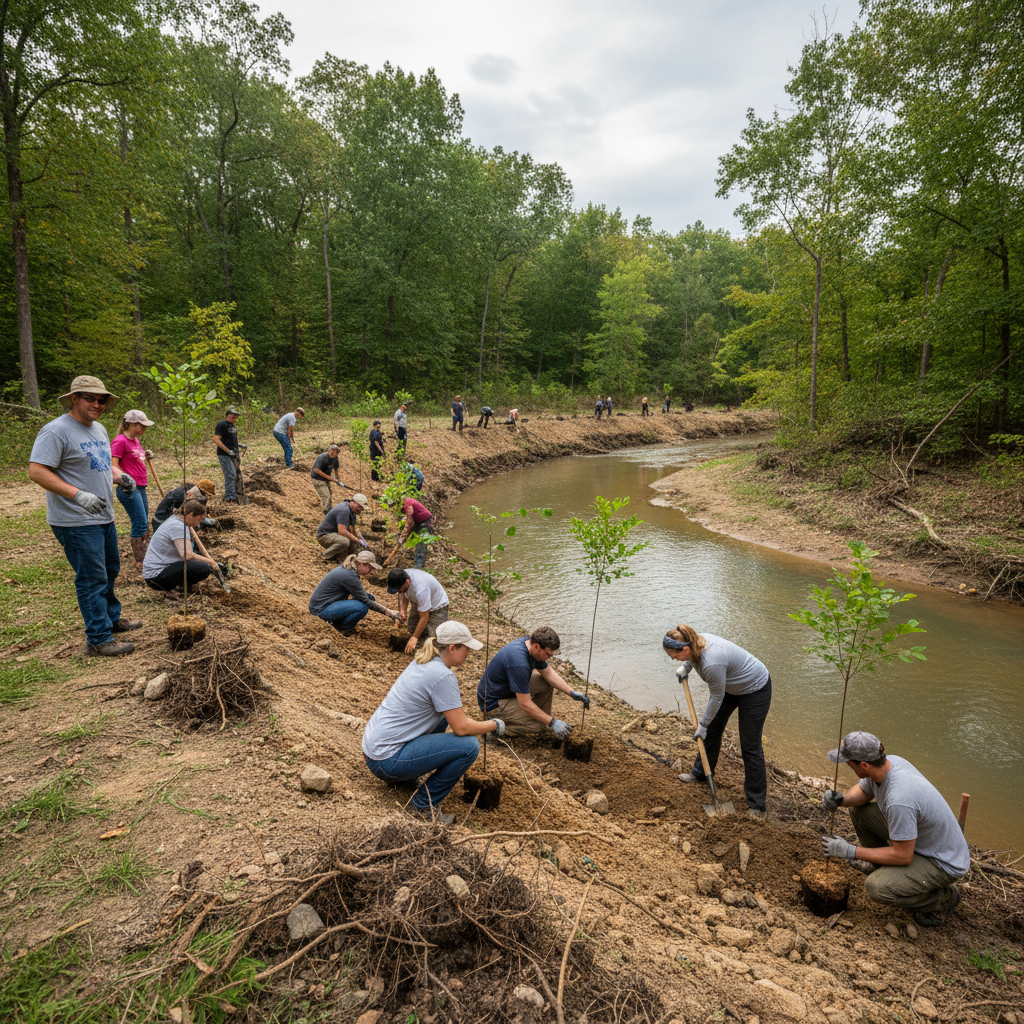 Volunteers planting native red oak and tulip poplar saplings along an eroding creek bank in Eastern Kentucky