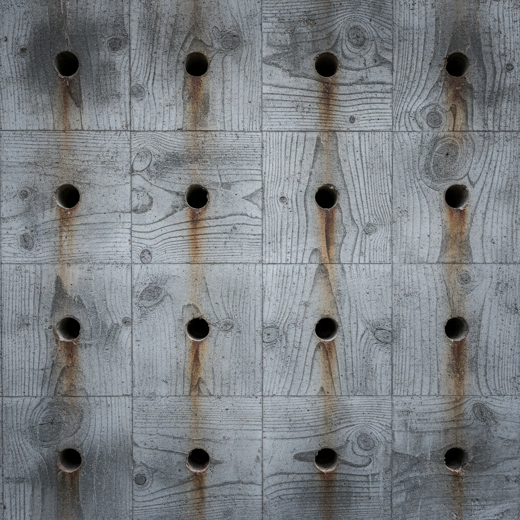 Board-marked concrete formwork detail showing timber grain impression and tie hole pattern