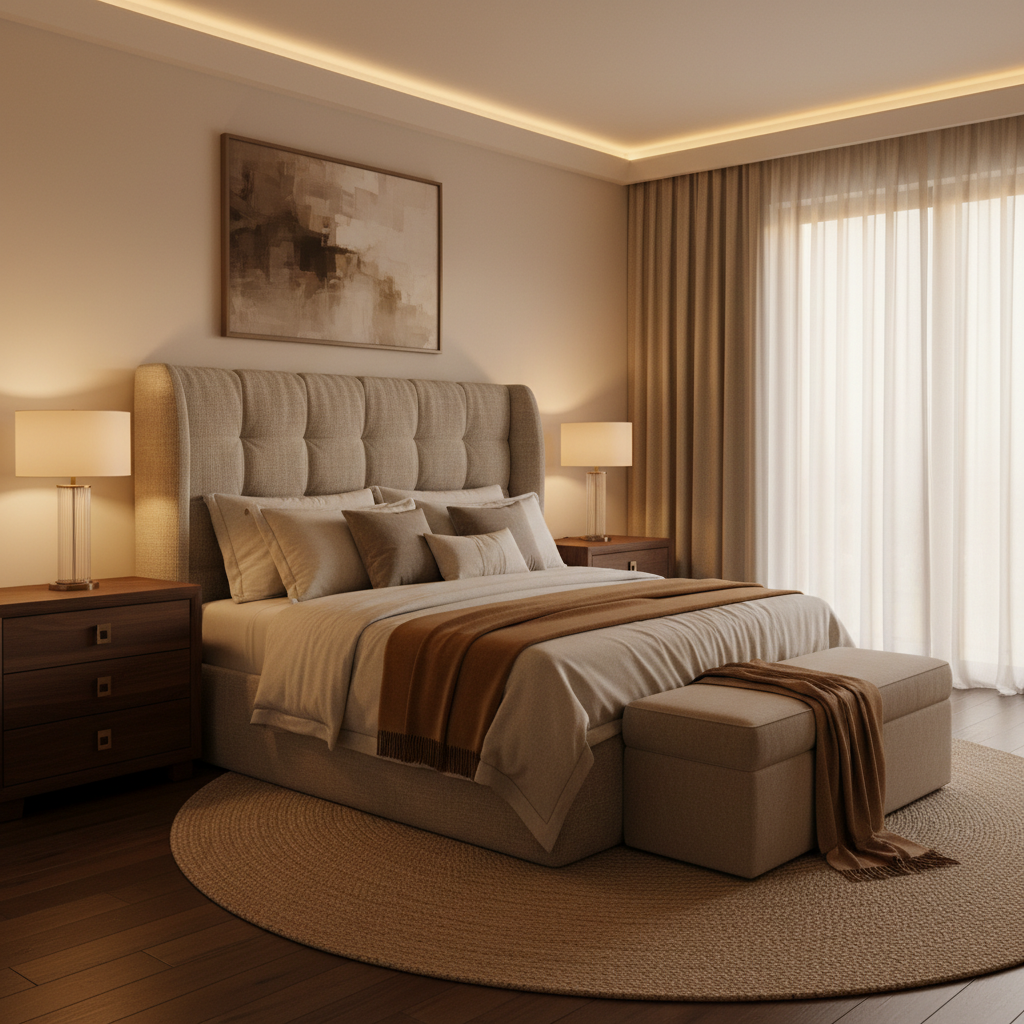 Moody luxurious bedroom interior with deep navy walls, warm glowing bedside table lamps, dark velvet headboard, and dim atmospheric lighting creating an intimate sanctuary