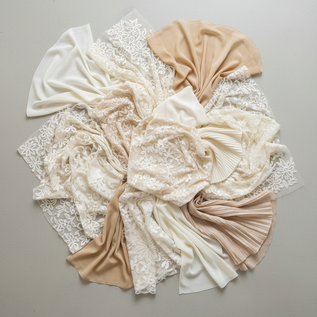 Bridal gown fabric swatches in ivory and champagne tones laid on a light surface